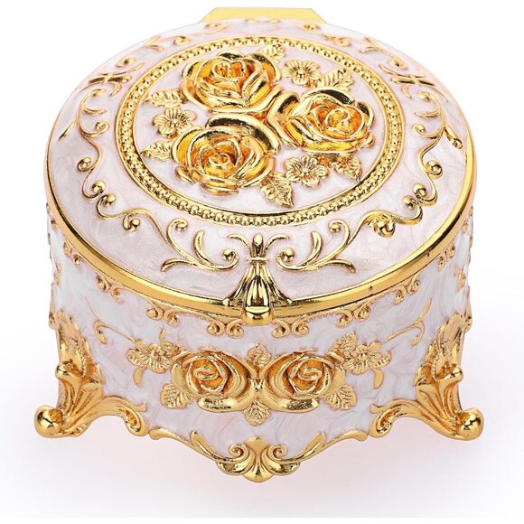 Women Vintage Round Trinket Storage Organizer Box Gold Metal Case Treasure Box - Picture 9 of 9